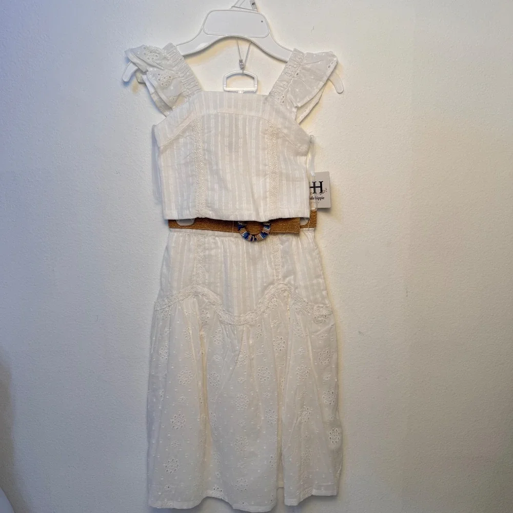 Haute Hippie Style Girls White Eyelet 2-Piece Crop Top and Skirt Set with Belt